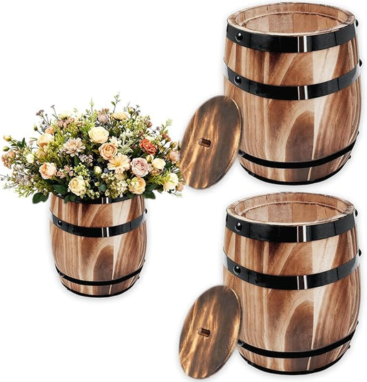 Sunmuliiiy2Pcs Wood Wine Barrel Vase 8" x 6.5" Rustic Wooden Flower Vase Rustic Barrel Barrel Planter for Wedding Reception Table Decoration Home Indoor Outdoor Garden, Kitchen, Party Table Decoration