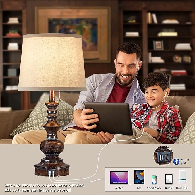 Vintage Bedside Table Lamps Set of 2 for Bedroom Nightstand Lamps with USB Charging Ports Rustic Farmhouse Small Table Lamp for Living Room End Tables Brown Wooden Finish, Pull Chain