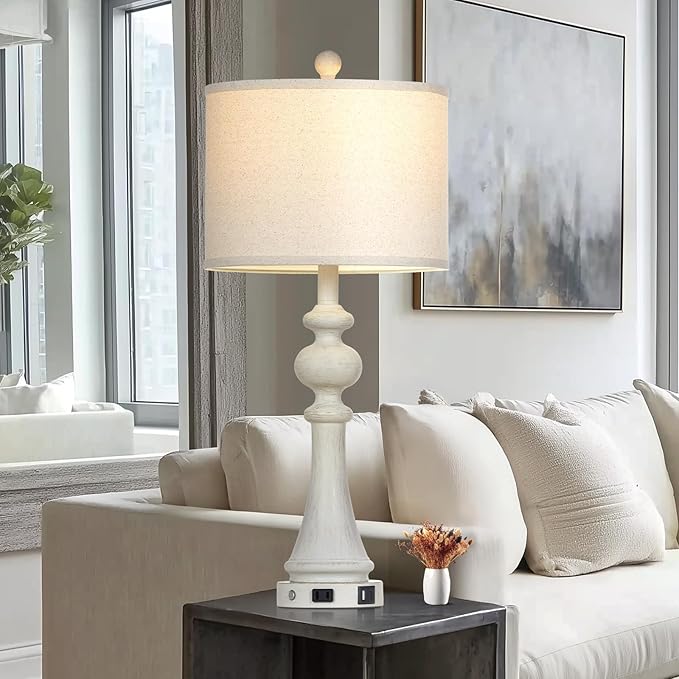 28" Farmhouse Table Lamps Set of 2, Vintage Bedside Lamps with USB A+C Charging Ports & AC Outlet, 3-Way Dimmable Touch Control Nightstand Lamp for Living Room Bedroom Wash White(2 LED Bulbs Included)
