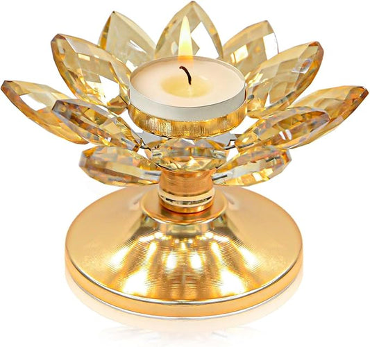 1 PC Gold Crystal Flower Tea Light Holder, Glass Tealight Candlestick with Metal Base, Votive Candle for Table Centerpiece, Wedding/Parties Decor, Nice Gift