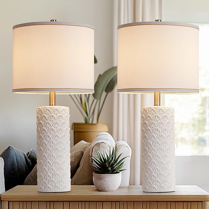 27" Farmhouse Bedside Table Lamp Set of 2, White Modern Ceramic Lamps for Living Room, 3 Color Temperature Rustic Table Lamps for Bedroom, Night Stands, Dorm,Office, Home Décor (Bulb Included