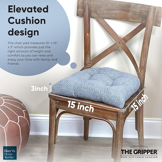 Klear Vu Gripper Overstuffed Universal Non-Slip Dining Chair Cushions for Kitchen Decor or Office Use, U-Shaped Skid-Proof Seat Pad, 15x15 Inches, 2 Count (Pack of 1), Waffle Delft Blue