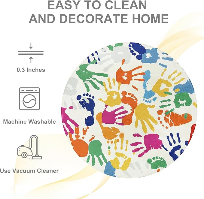 STARUIA Large Round Rug for Classroom, Nursery, Playroom, Kids Bedroom, Toy Room - 6' x 9', Handprint & Footprint Pattern, Vibrant Colors, Non-Slip Rubber Backing, Machine Washable
