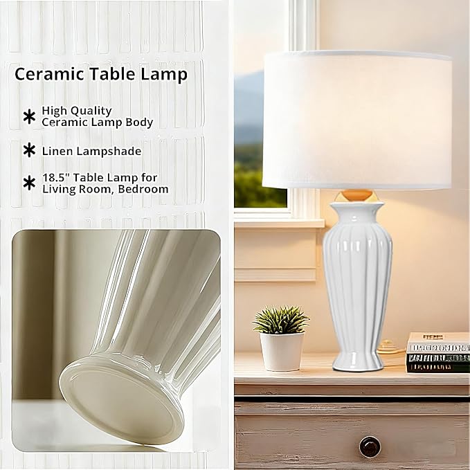 Modern Ceramic Table Lamp Set of 2, White Table Lamps for Living Room Office Dorm, Vintage Bedside Lamps for Bedroom Decor Farmhouse