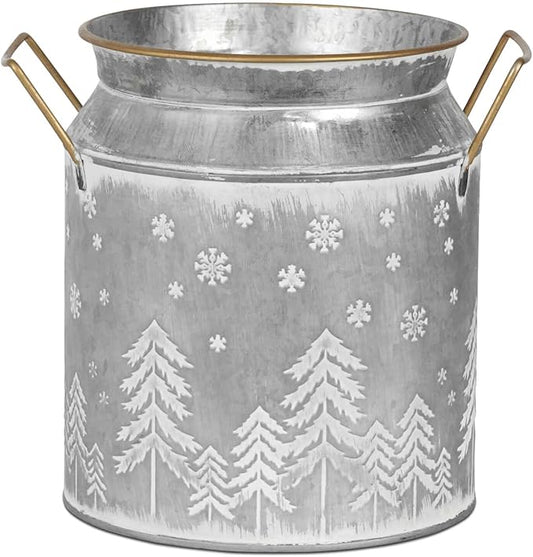Putuo Decor Large Metal Milk Can with White Winter Forest Snowflake Design Rustic Farmhouse Holiday Vase with Gold Handles Vintage Christmas Décor for Festive Centerpieces Home Accents (Silver Grey)