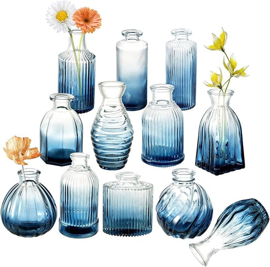 Bud Vases Set of 12, Gradient Blue Glass Vase Vintage Flower Vase for Decor Ribbed Small Bud Vases in Bulk Cute Wedding Birthday Party Centerpieces Table Decoration Home Decor