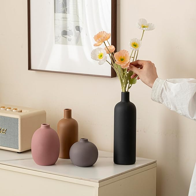 Modern Ceramic Vase Set, Neutral Colors, Decorative Vases for Home Shelf Decor, 4 Piece Collection (Black Mix Set 4)