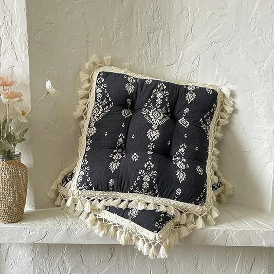 Set of 2 Floral Printed Chair Pads with Tassels Cotton Linen Square Chair Cushions 17x17x3 Inch Seat Cushion for Living Room Kitchen and Officewooden Chair (Black,17"x17")