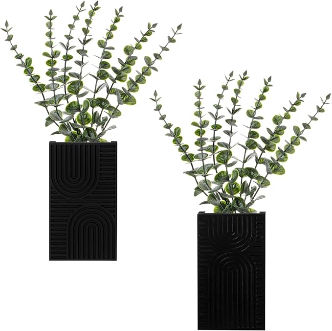 2 Pack Modern Farmhouse Wall Decor Wood Planter Vase with Artificial Eucalyptus Farmhouse Bohemian Hanging Wall Decor for Bathroom Dinning Room Living Room Hallway Bedroom(Black)