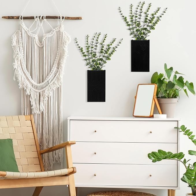 2 Pack Modern Farmhouse Wall Decor Wood Planter Vase with Artificial Eucalyptus Farmhouse Bohemian Hanging Wall Decor for Bathroom Dinning Room Living Room Hallway Bedroom(Black)