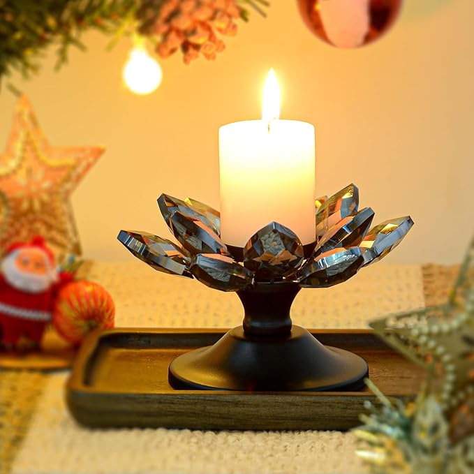 1 PC Black Crystal Flower Tea Light Holder, Glass Tealight Candlestick with Metal Base, Votive Candle for Table Centerpiece, Wedding/Parties Decor, Nice Gift