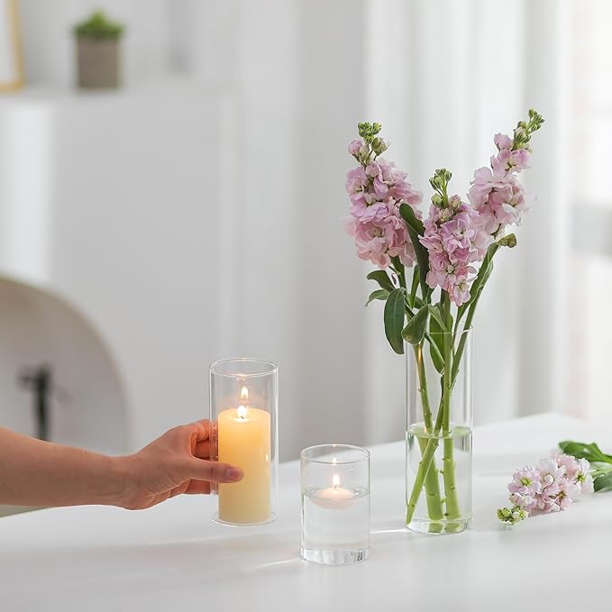 Glass Cylinder Vases Set of 6, Hewory Tall Clear Vase for Centerpieces, Glass Hurricane Candle Holders for Pillar Floating Candles, Round Vases for Wedding Events Table Decor, 2.6” in Diameter