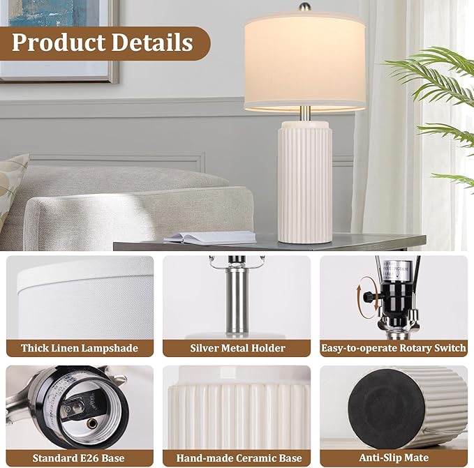 TOBUSA 23.5’’ Modern Ceramic Table Lamps Set of 2 for Living Room, Farmhouse Vintage Bedside Table Lamps with White Linen Shade, Rustic Bedroom Ceramic Lamps for Nightstand Home Office End Table Dorm