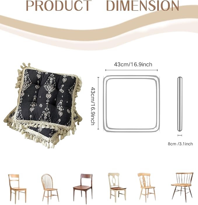Set of 2 Floral Printed Chair Pads with Tassels Cotton Linen Square Chair Cushions 17x17x3 Inch Seat Cushion for Living Room Kitchen and Officewooden Chair (Black,17"x17")