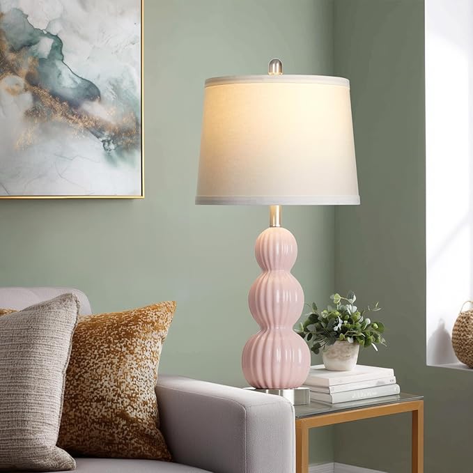 28" Pink Ceramic Table Lamps Set of 2, Modern Bedside Lamps for Night Stands, Triple Gourd Table Lamp for Living Room End Table or Bedroom Nightstand (2 LED Bulbs Included)