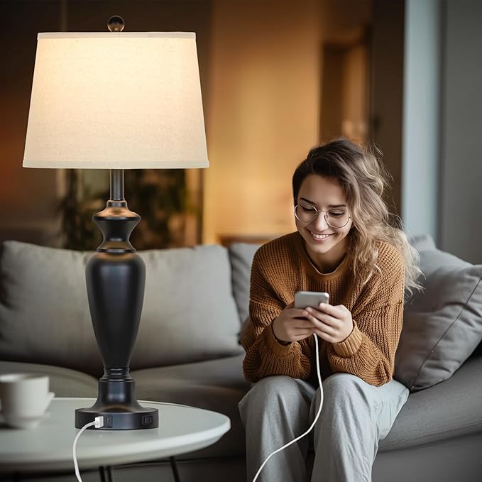 30" Tall Table Lamps Set of 2, Touch Control Bedside Lamp with USB A+C Ports and AC Outlet, 3-Way Dimmable Modern Metal Nightstand Lamp for Bedroom Living Room, 2 LED Bulbs Included, Black