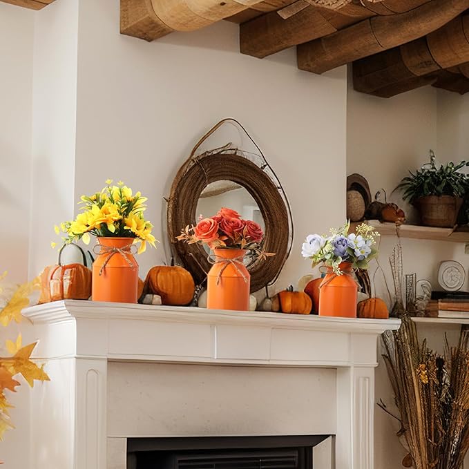 Domensi 5.12 Inch Farmhouse Metal Flower Vase Decor Rustic Galvanized Milk Can Jug Vase with Bow Flower Buckets for Table Centerpiece Fall Halloween Wedding Home Dinging Room Decor(Orange,12 Pcs)
