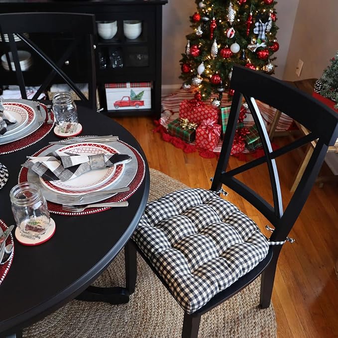 Barnett Home Decor Dining Chair Cushions with Ties – Small 15 x 17 - Latex Foam 100% Cotton, Machine Washable Chair Pads for Kitchen Chairs, Made in USA (Farmhouse Check Black and White/Pack of 2)