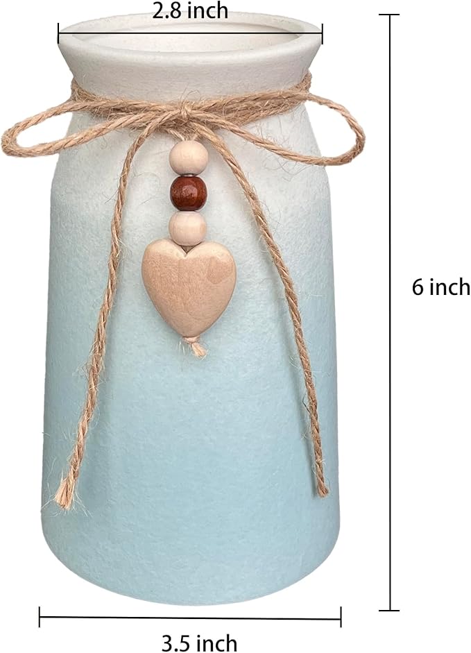 Elegant Ceramic Vase | 6-Inch Flower Vase with Jute Rope & Heart Charm | Modern, Farmhouse, & Boho Home Décor, Blue Color