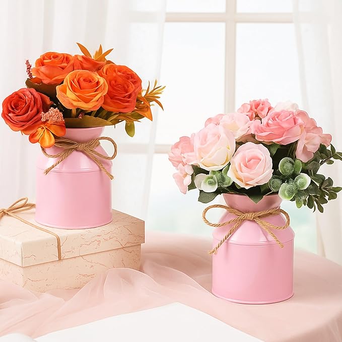 Domensi 5.12 Inch Farmhouse Metal Flower Vase Decor Rustic Galvanized Milk Can Jug Vase with Bow Flower Buckets for Table Centerpiece Fall Halloween Wedding Home Dinging Room Decor(Pink,6 Pcs)