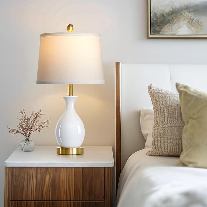 24" White Ceramic Table Lamps Set of 2 for Bedroom, Modern Classic Bedside Lamps for Nightstand, Small Table Lamp for Living Room Side Table (2 LED Bulbs Included)