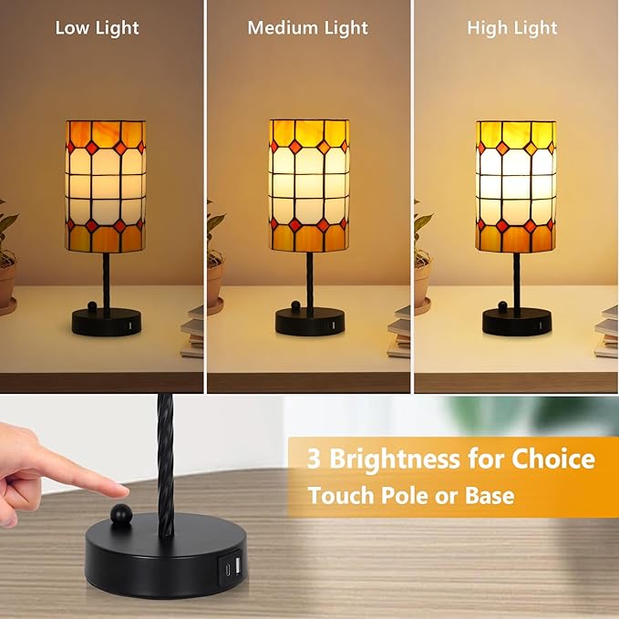 Tiffany Touch Table Lamps, 3 Way Dimmable Tiffany Lamp Set of 2 with Bulbs & USB Charging Port, Stained Glass Lamp for Nightstand, Vintage Desk Lamp for Bedroom, Small Bedside Lamp
