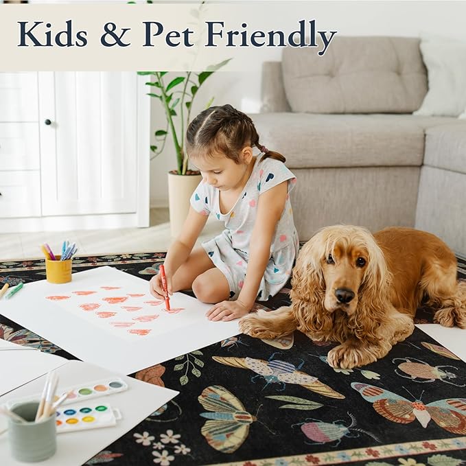 Lahome Insect Washable Round Rugs, Non-Slip Soft Round Rug 4ft Ultra-Thin, Small Boho Circle Carpet for Entryway Kitchen Bedroom Nursery Bathroom, Black