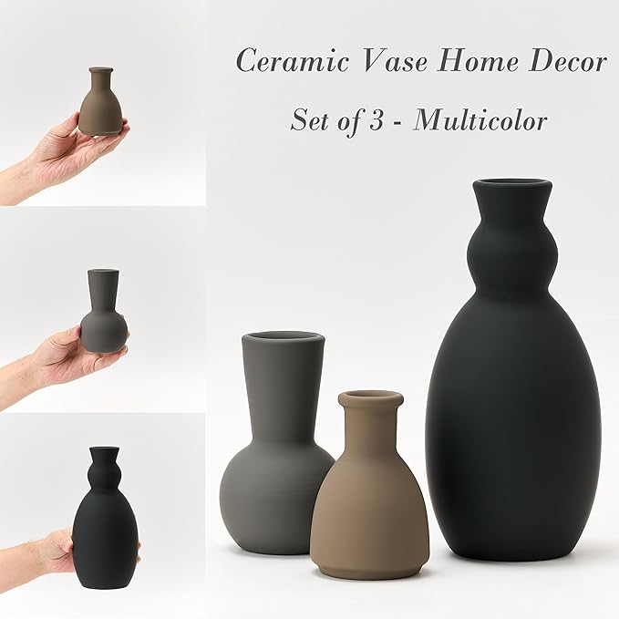 Ceramic Vase Set of 3, Nordic Minimalist Multicolor Vases Home Decor, Rustic Farmhouse Decor Pottery Vases for Bouquet Pampas Grass Dried Fresh Flowers, Living Room, Kitchen, Entryway Mantel, Bedroom