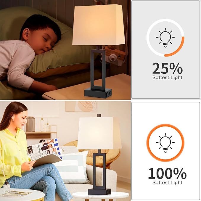 23.5" Touch Control Table Lamps Set of 2, Bedside Lamp with 2 USB Ports & AC Outlet, 3-Way Dimmable Nightstand Lamp with White Linen Shade for Living Room Bedroom End Table Office(2 LED Bulb Included)