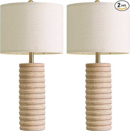PoKat 27" Stone-Like Farmhouse Ceramic Table Lamps Set of 2 for Bedroom, Boho Nightstands Lamps for Night Stands, Distressed Beige Bedside Lamps with Natural Textured for Living Room, Sand-Colored