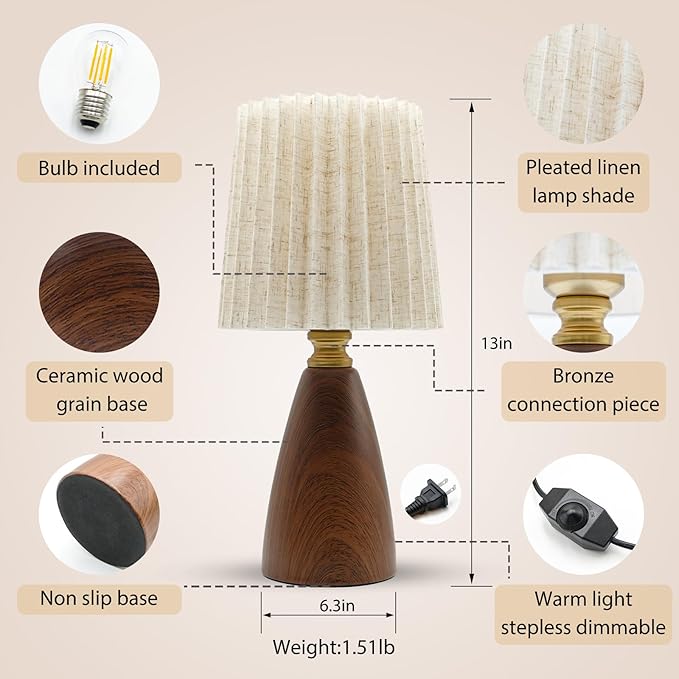 Small Pleated Table Lamp Set of 2 for Bedroom, Mini Bedside Lamps for Nightstand with Round Fabric Linen Shade, Dimmable Desk Lamp, Cute Table Lamps for Small Spaces for Living Room, Kids Room