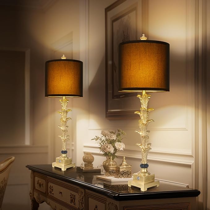 Table Lamps Set of 2 for Living Room, 3-Way Dimmable Touch Buffet Lamps with USB A+C Ports, Gold Leaf Finish Bedside Lamps with Black Linen Shades, Modern Nightstand Lamp for Bedroom Office Entryway