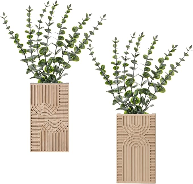 2 Pack Modern Farmhouse Wall Decor Wood Planter Vase with Artificial Eucalyptus Farmhouse Bohemian Hanging Wall Decor for Bathroom Dinning Room Living Room Hallway Bedroom(Brown)