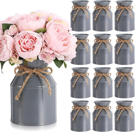 Domensi 5.12 Inch Farmhouse Metal Flower Vase Decor Rustic Galvanized Milk Can Jug Vase with Bow Flower Buckets for Table Centerpiece Fall Halloween Wedding Home Dinging Room Decor(Gray,12 Pcs)