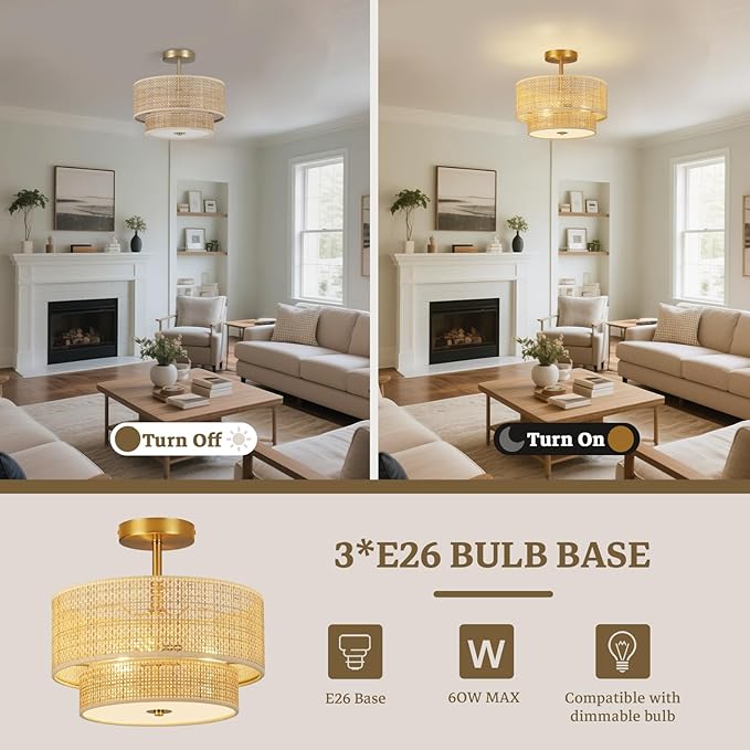 Boho Light Fixture Ceiling Mount,13'' Semi Flush Mount Ceiling Lights Fixture,3-Light Farmhouse Chandelier,Rattan Ceiling Light with 2-Tier Drum Shade,Drum Light Fixture for Bedroom Living Room