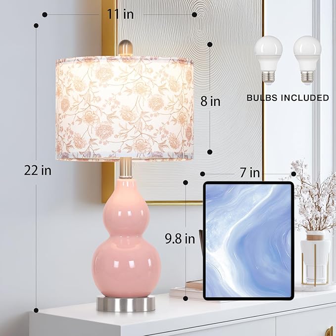 Pink Double Gourd Ceramic Lamps Set of 2 with Flower Lampshade, Modern Table Lamps for Living Room, Contemporary Nightstand Bedside Lamp for Bedrooms End Tables Office Dorm Decor(2 LED Bulbs Included)