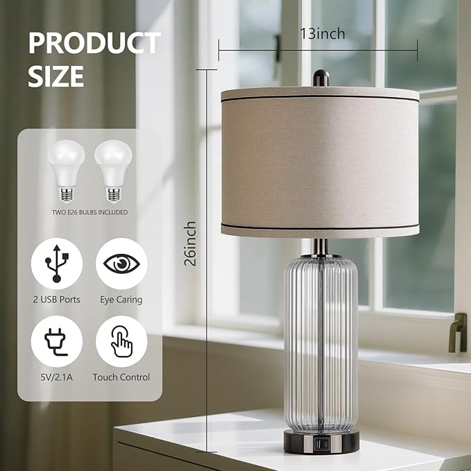 WIHTU Table Lamps Set of 2 with Vertical Grained Glass, 3-Way Dimmable Nightstand Lamp with Touch Control, 27" Modern Glass Bedside Lamps with USB A+C Ports, Glossy Black Desk Lamp for Bedroom