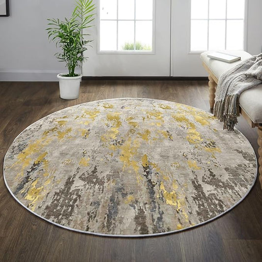 vivorug Round Rug 5ft Abstract Round Area Rug Non-Slip Indoor Carpet for Living Room Bedroom Entryway, Stain Resistant Home Decor Circle Rug, Grey/Mustard