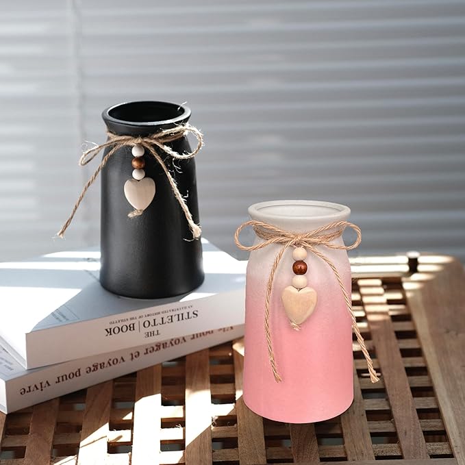 Decorative Ceramic Vase | 6-Inch with Jute Rope & Heart Charm | Perfect for Home, Office & Wedding Décor, Pink Color