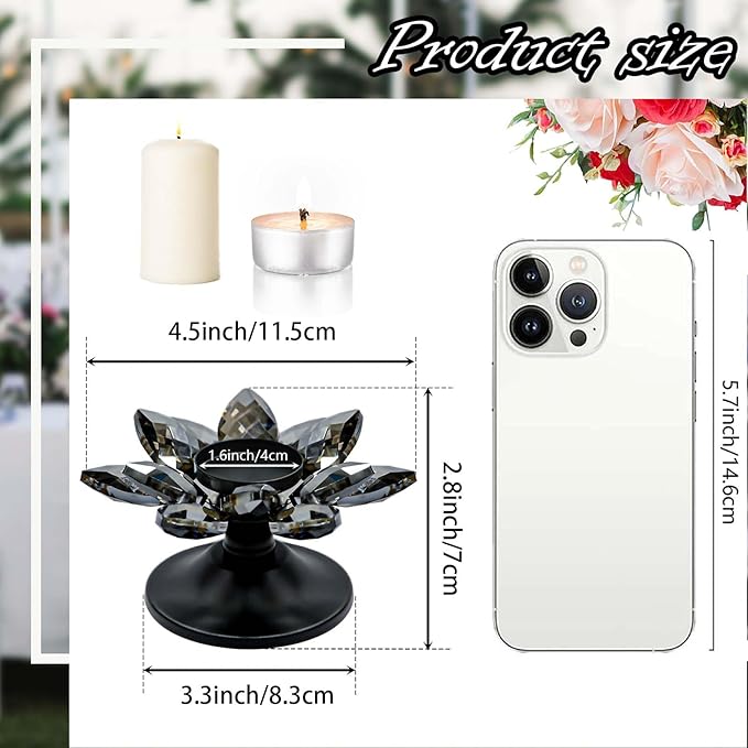 1 PC Black Crystal Flower Tea Light Holder, Glass Tealight Candlestick with Metal Base, Votive Candle for Table Centerpiece, Wedding/Parties Decor, Nice Gift