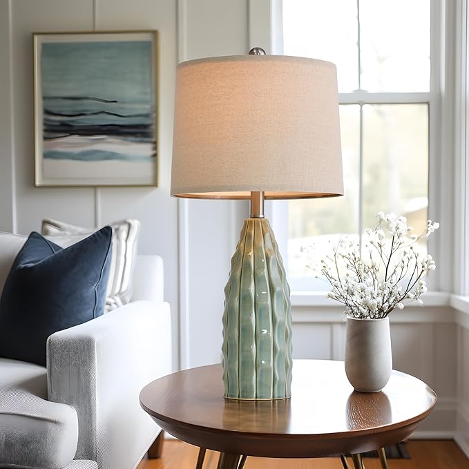Ceramic Table Lamps Set of 2, 23.75" Modern Farmhouse Bedside Lamp - Green Nightstand Lamps for Bedroom, Boho Living Room End Tables, Small Office Desk Lamp Decor