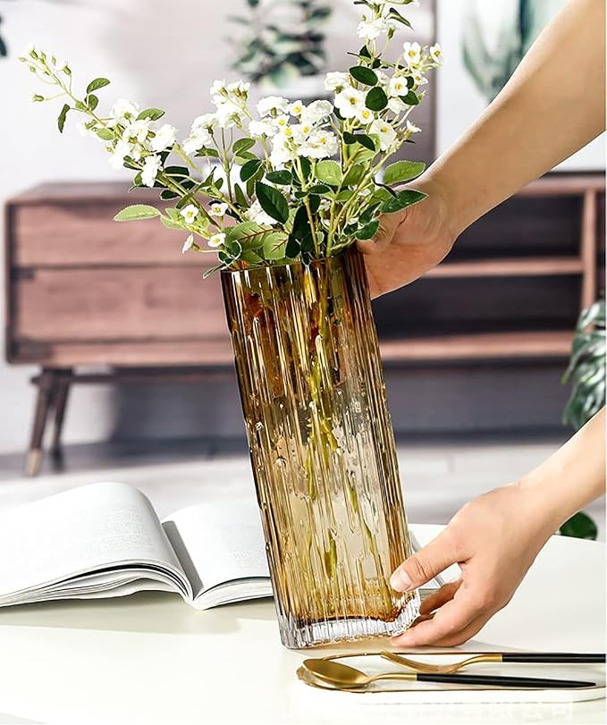 Modern Minimalist Glass Square vase, Crystal Glass vase, vase, Dry vase (Amber)