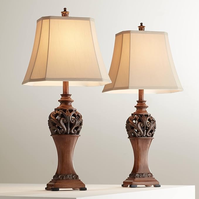 Regency Hill Exeter Traditional Style Table Lamps 30" Tall Full Size Set of 2 Bronze Wood Carved Leaf Creme Rectangular Bell Shade Decor for Living Room Bedroom House Bedside Nightstand Office