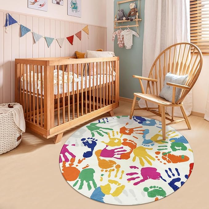 STARUIA Large Round Rug for Classroom, Nursery, Playroom, Kids Bedroom, Toy Room - 6' x 9', Handprint & Footprint Pattern, Vibrant Colors, Non-Slip Rubber Backing, Machine Washable