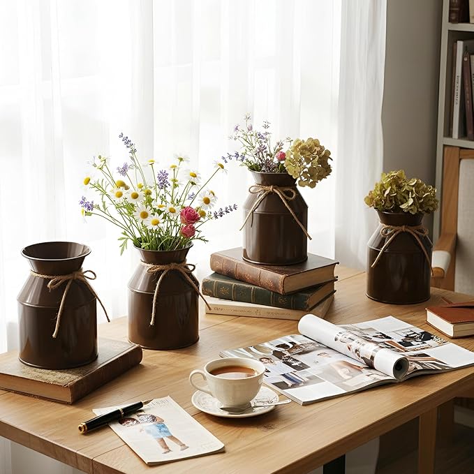 Domensi 5.12 Inch Farmhouse Metal Flower Vase Decor Rustic Galvanized Milk Can Jug Vase with Bow Flower Buckets for Table Centerpiece Fall Halloween Wedding Home Dinging Room Decor(Brown,6 Pcs)