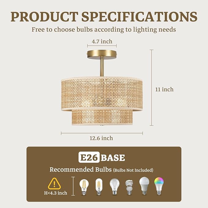 Boho Light Fixture Ceiling Mount,13'' Semi Flush Mount Ceiling Lights Fixture,3-Light Farmhouse Chandelier,Rattan Ceiling Light with 2-Tier Drum Shade,Drum Light Fixture for Bedroom Living Room