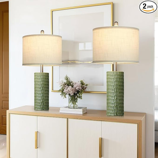 Modern Ceramic Table Lamps for Night Stands - Bedside Lamps Set of 2 for Nightstand, 27" Green Elegant Bedroom Lamp for Night Stand Desk Side End Table Home Decor(2 Bulbs Included)