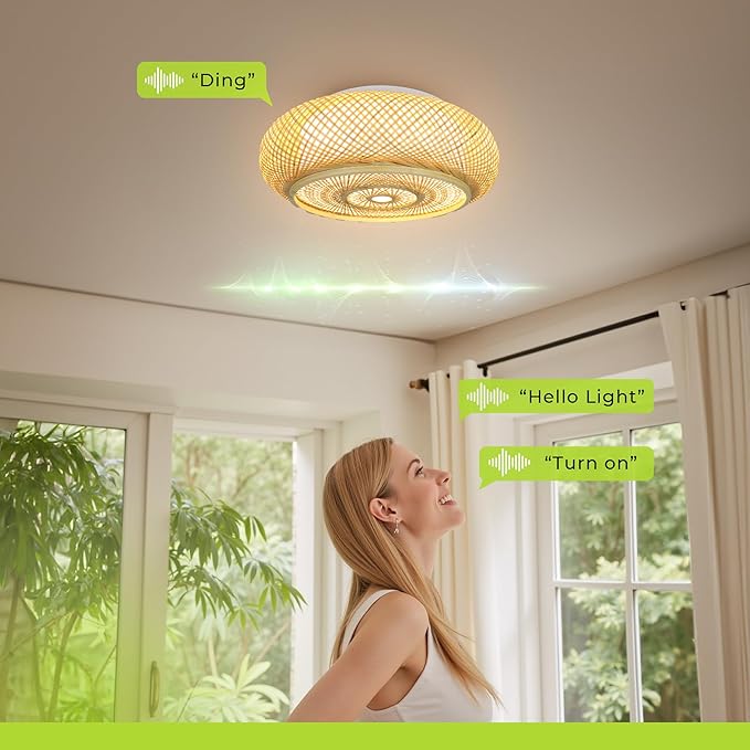 Bamboo LED Ceiling Light Fixtures Smart Ceiling Light Voice Control Boho Flush Mount Ceiling Light Dimmable with Remote Handmade Bamboo Woven Ceiling Lights for Bedroom Living Room 19.6 Inch