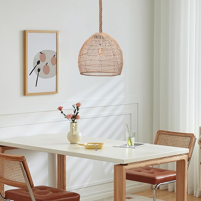 1 Light Rattan Chandelier Woven Pendant Light Fixture, Boho Coastal Wicker Hanging Ceiling Lighting for Kitchen, 15.74"W Large Lampshade for Living Room Bars Restaurants