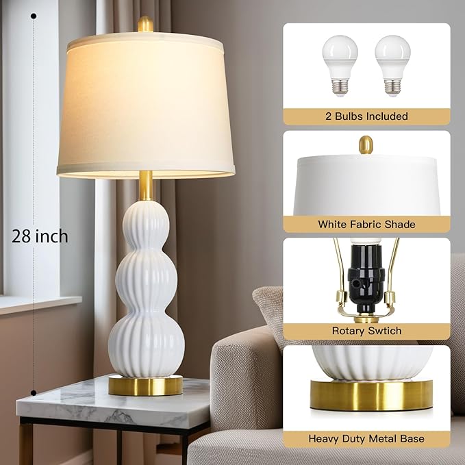 28" White Ceramic Table Lamps Set of 2, Modern Bedside Lamps for Night Stands, Triple Gourd Table Lamp for Living Room End Table or Bedroom Nightstand (2 LED Bulbs Included)